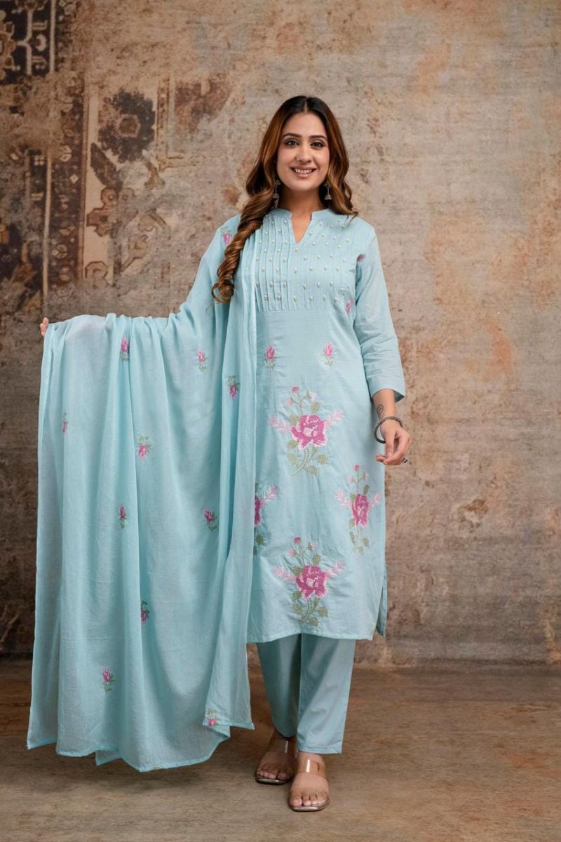 Naisha K 1376 Mul Mul Pintuck Embroidered Kurti With Bottom Dupatta Catalog — Wholesale Kurtis, Vardan Ethnic wholesale from Surat — Photo 2