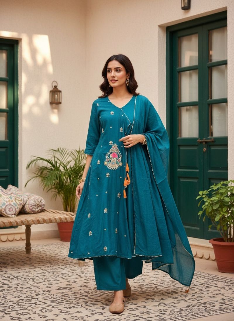 Naisha K 1382 Mul Chanderi Fancy Work Anarkali Kurti With Bottom Dupatta Catalog — Wholesale Kurtis, Vardan Ethnic wholesale from Surat — view 2