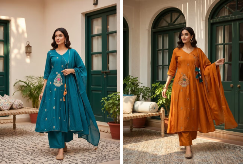 Naisha K 1382 Mul Chanderi Fancy Work Anarkali Kurti With Bottom Dupatta Catalog — Wholesale Kurtis, Vardan Ethnic wholesale from Surat — view 3