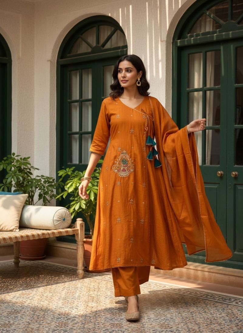 Naisha K 1382 Mul Chanderi Fancy Work Anarkali Kurti With Bottom Dupatta Catalog