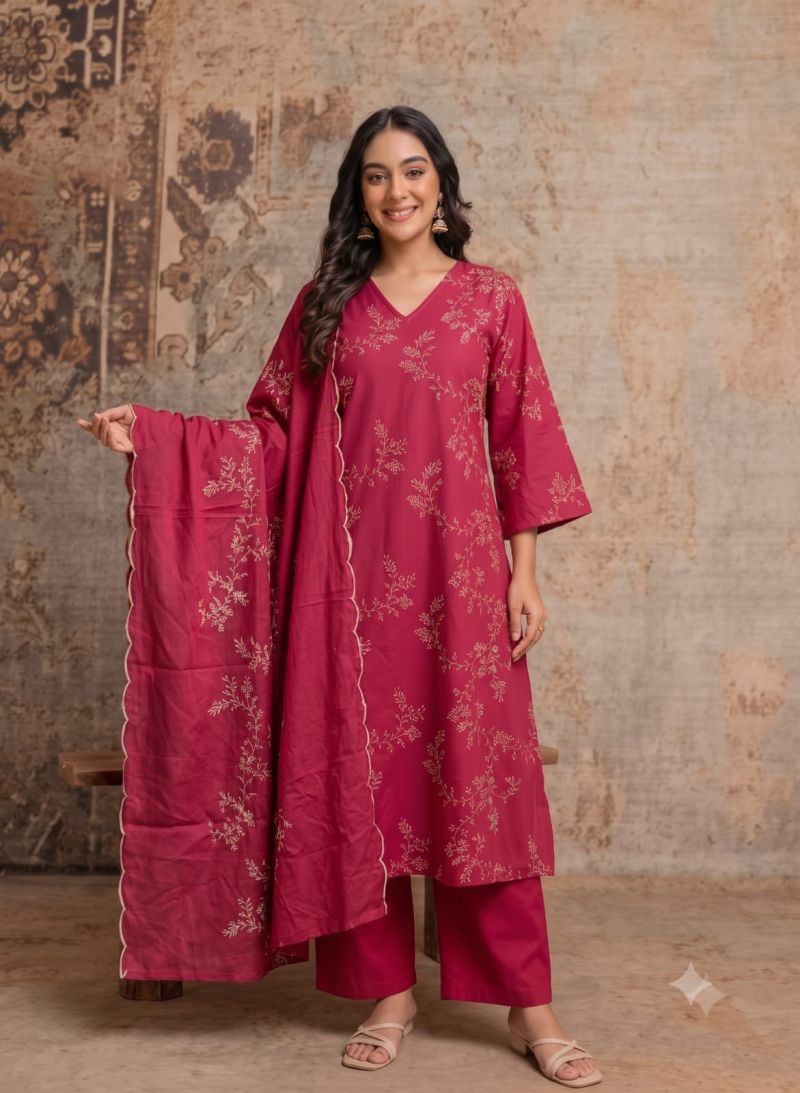 Naisha K 1400 Wholesale Mul Cotton Embroidered Kurti With Bottom Dupatta Catalog — Wholesale Kurtis, Vardan Ethnic wholesale from Surat — Photo 4