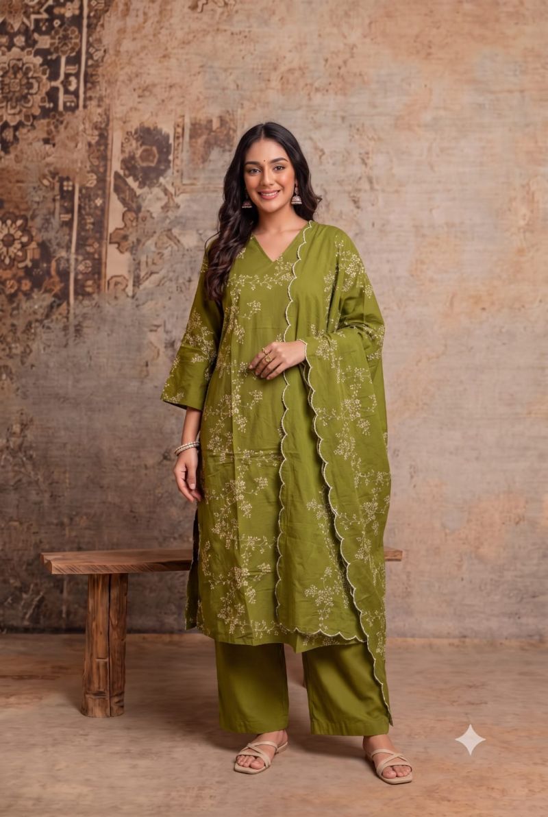 Naisha K 1400 Wholesale Mul Cotton Embroidered Kurti With Bottom Dupatta Catalog — Wholesale Kurtis, Vardan Ethnic wholesale from Surat — Photo 5