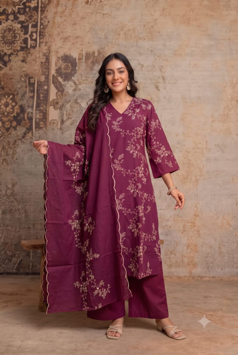 Naisha K 1400 Wholesale Mul Cotton Embroidered Kurti With Bottom Dupatta Catalog — Wholesale Kurtis, Vardan Ethnic wholesale from Surat — Photo 6