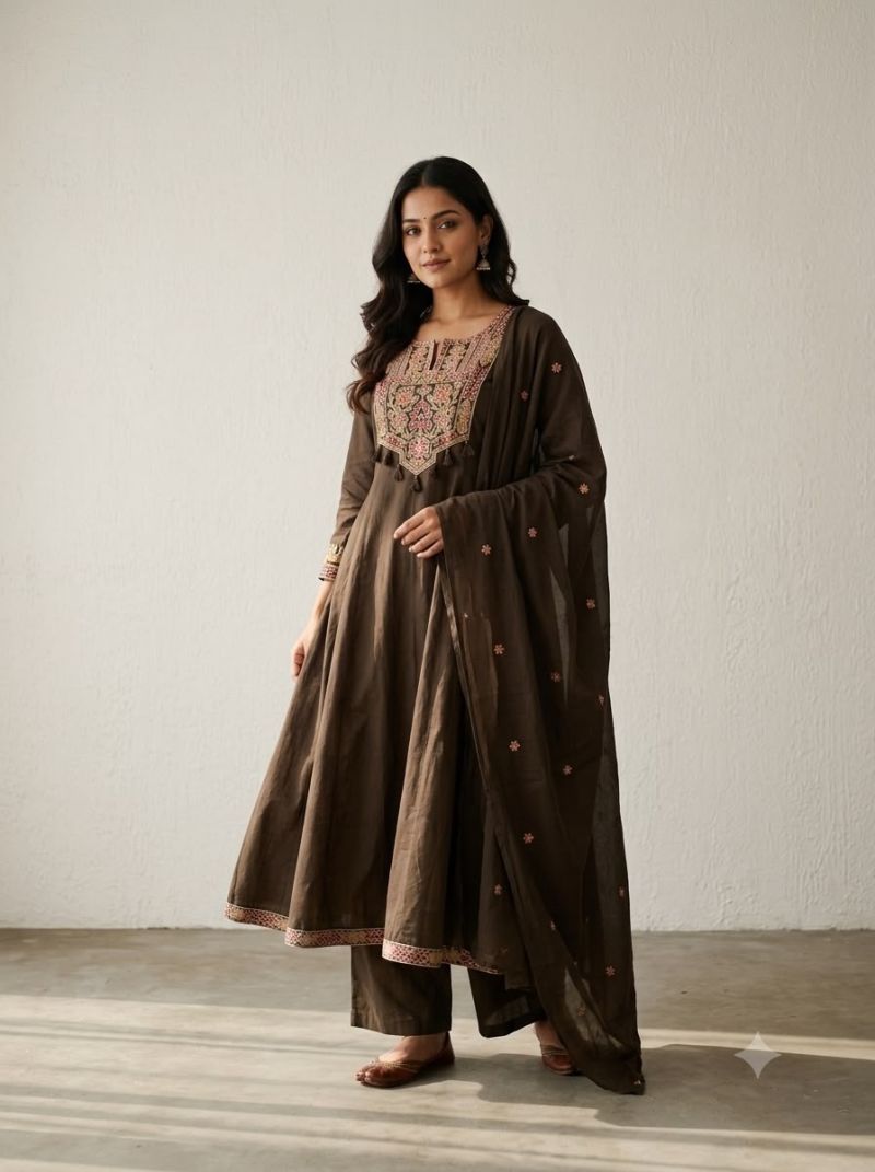 Naisha K 1402 Pure Cotton Embroidered Anarkali Kurti With Bottom Dupatta Catalog — Wholesale Kurtis, Vardan Ethnic wholesale from Surat — view 4
