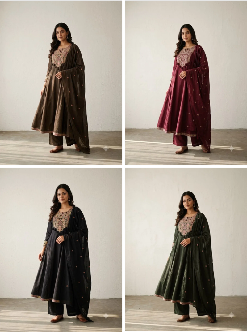 Naisha K 1402 Pure Cotton Embroidered Anarkali Kurti With Bottom Dupatta Catalog — Wholesale Kurtis, Vardan Ethnic wholesale from Surat — view 5