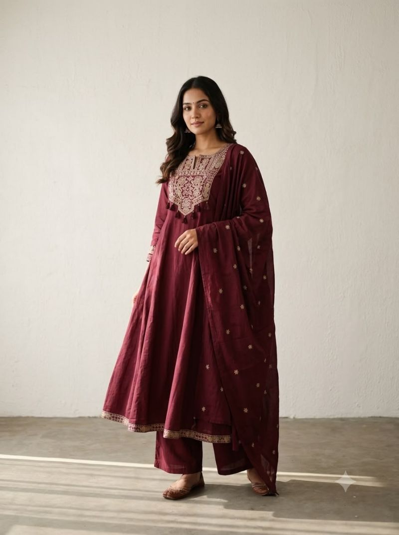 Naisha K 1402 Pure Cotton Embroidered Anarkali Kurti With Bottom Dupatta Catalog — Wholesale Kurtis, Vardan Ethnic wholesale from Surat — view 3