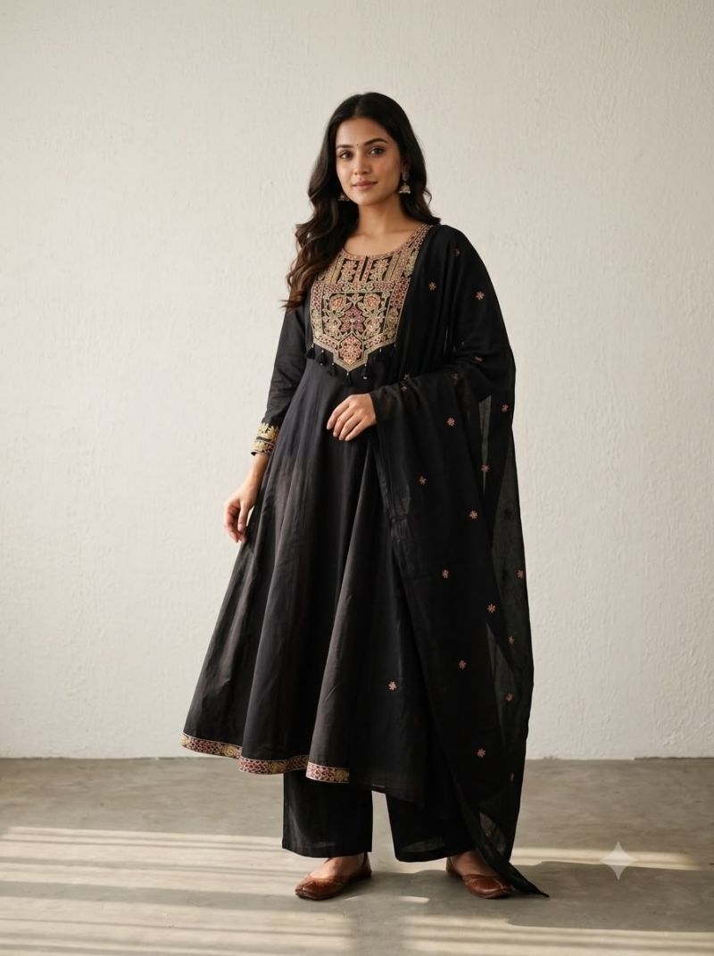 Naisha K 1402 Pure Cotton Embroidered Anarkali Kurti With Bottom Dupatta Catalog — Wholesale Kurtis, Vardan Ethnic wholesale from Surat — view 2