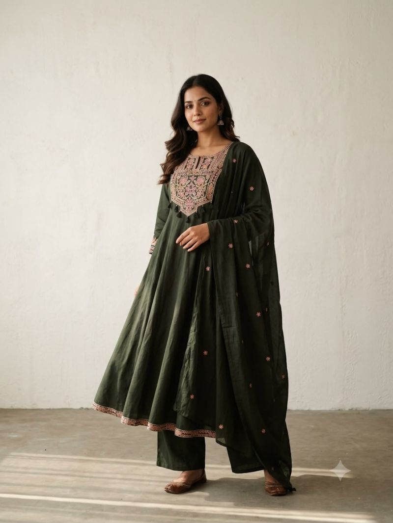 Naisha K 1402 Pure Cotton Embroidered Anarkali Kurti With Bottom Dupatta Catalog