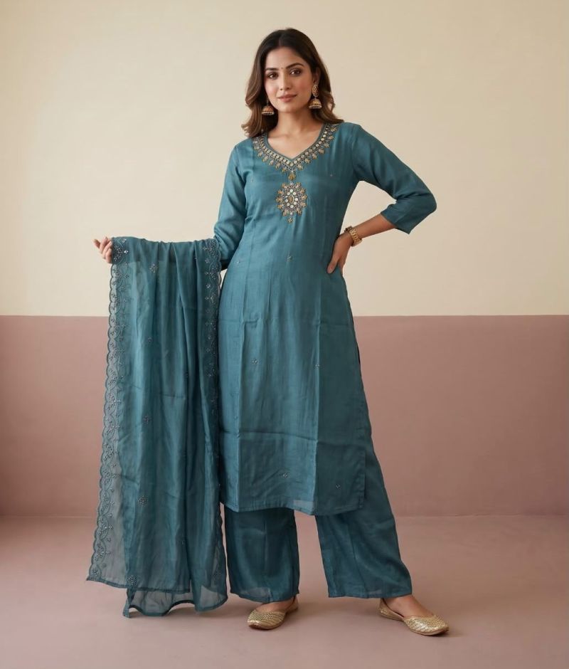 Naisha K 1406 Chiffon Glass Crush Handwork Kurti With Bottom Dupatta Collection — Wholesale Kurtis, Vardan Ethnic wholesale from Surat — Photo 5