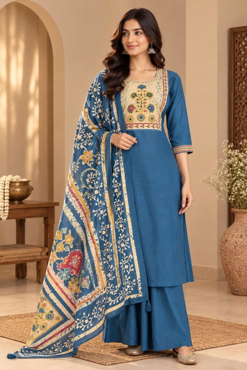 Naisha K 1411 Dhabu Cotton Printed Fancy Kurti With Bottom Dupatta Catalog — Wholesale Kurtis, Vardan Ethnic wholesale from Surat — view 3