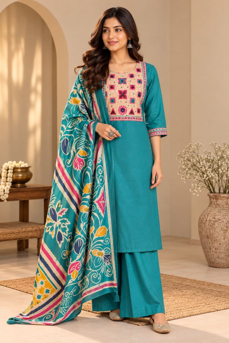 Naisha K 1411 Dhabu Cotton Printed Fancy Kurti With Bottom Dupatta Catalog — Wholesale Kurtis, Vardan Ethnic wholesale from Surat — view 9