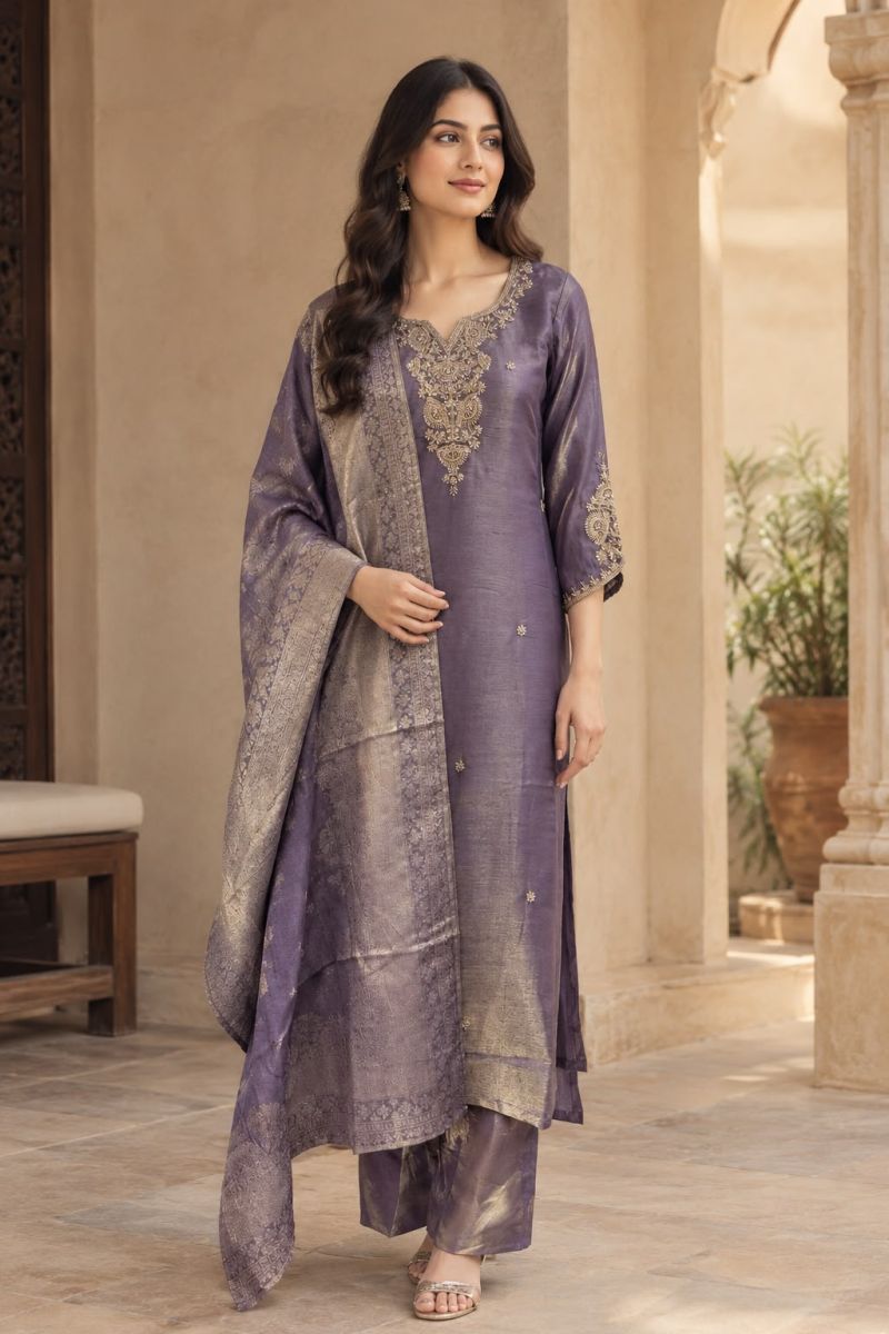 Naisha K 1415 Polyna Tissue Thread Embroidered Kurti With Bottom Dupatta Catalog — Wholesale Salwar Suits, Vardan Ethnic wholesale from Surat — Photo 3