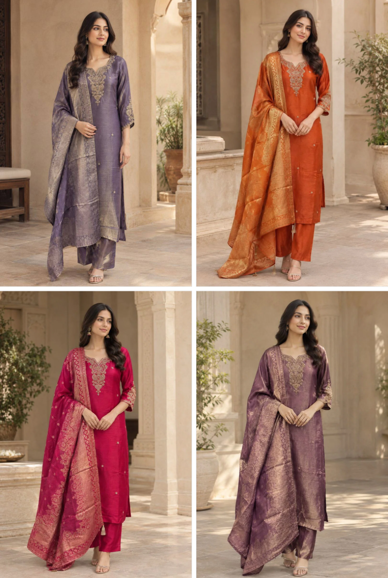 Naisha K 1415 Polyna Tissue Thread Embroidered Kurti With Bottom Dupatta Catalog — Wholesale Salwar Suits, Vardan Ethnic wholesale from Surat — Photo 2