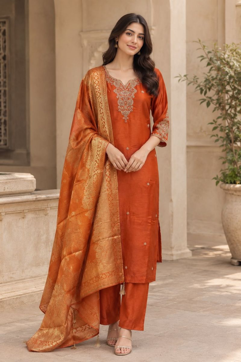 Naisha K 1415 Polyna Tissue Thread Embroidered Kurti With Bottom Dupatta Catalog