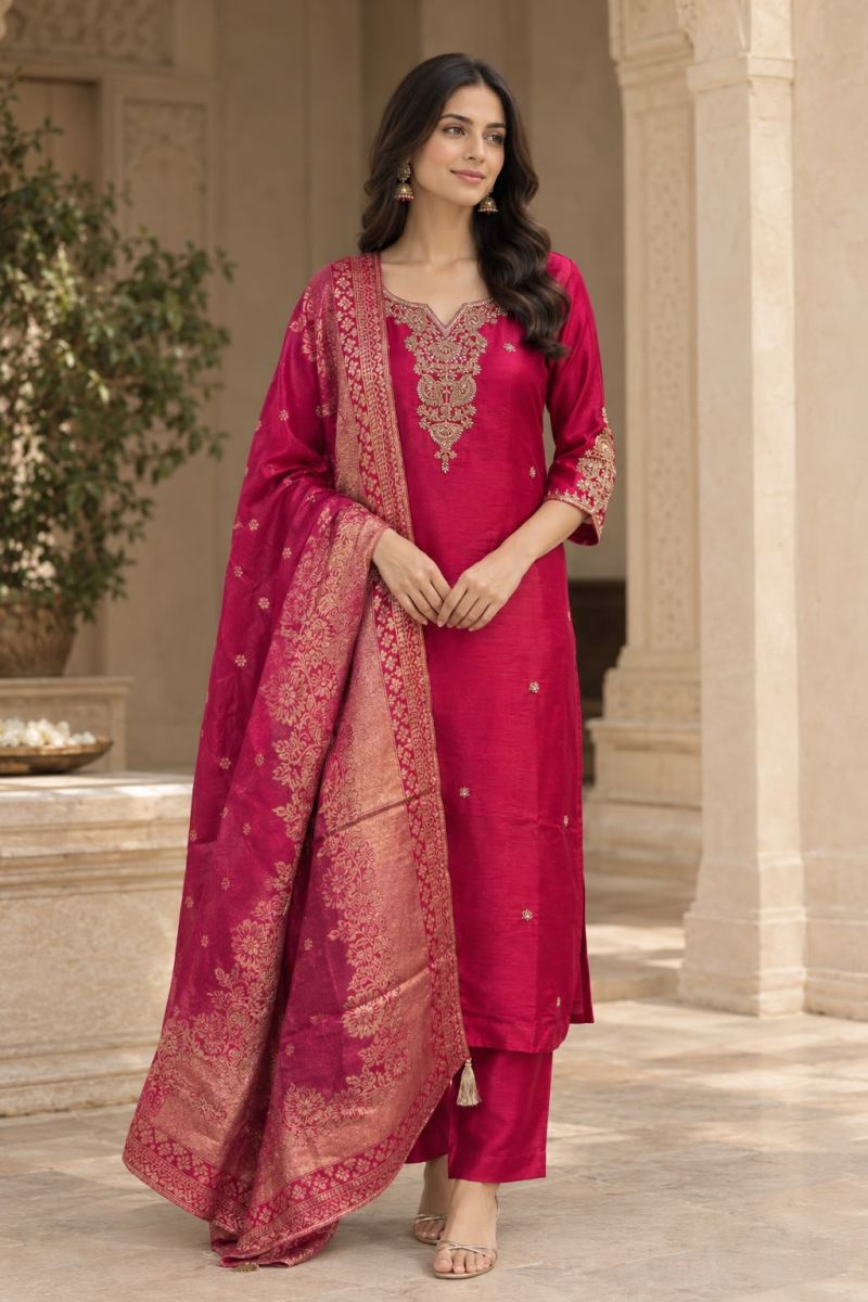Naisha K 1415 Polyna Tissue Thread Embroidered Kurti With Bottom Dupatta Catalog — Wholesale Salwar Suits, Vardan Ethnic wholesale from Surat — Photo 5