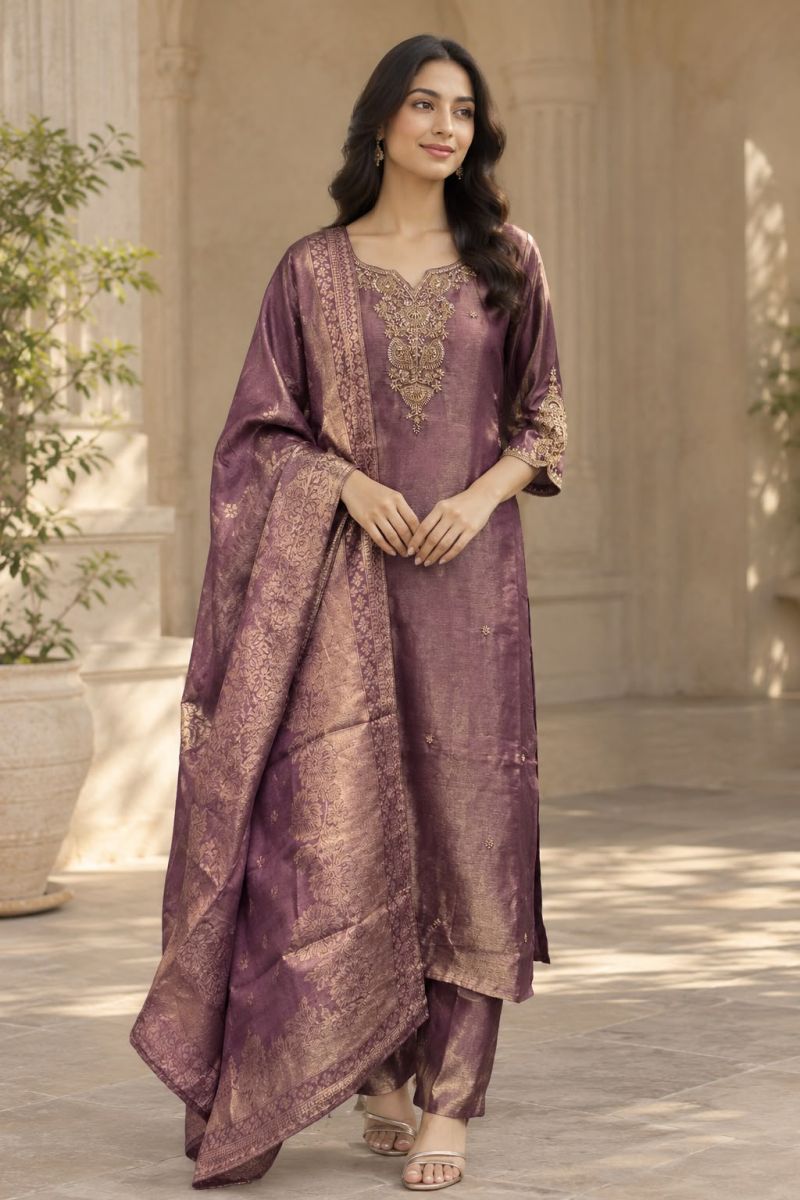 Naisha K 1415 Polyna Tissue Thread Embroidered Kurti With Bottom Dupatta Catalog — Wholesale Salwar Suits, Vardan Ethnic wholesale from Surat — Photo 4