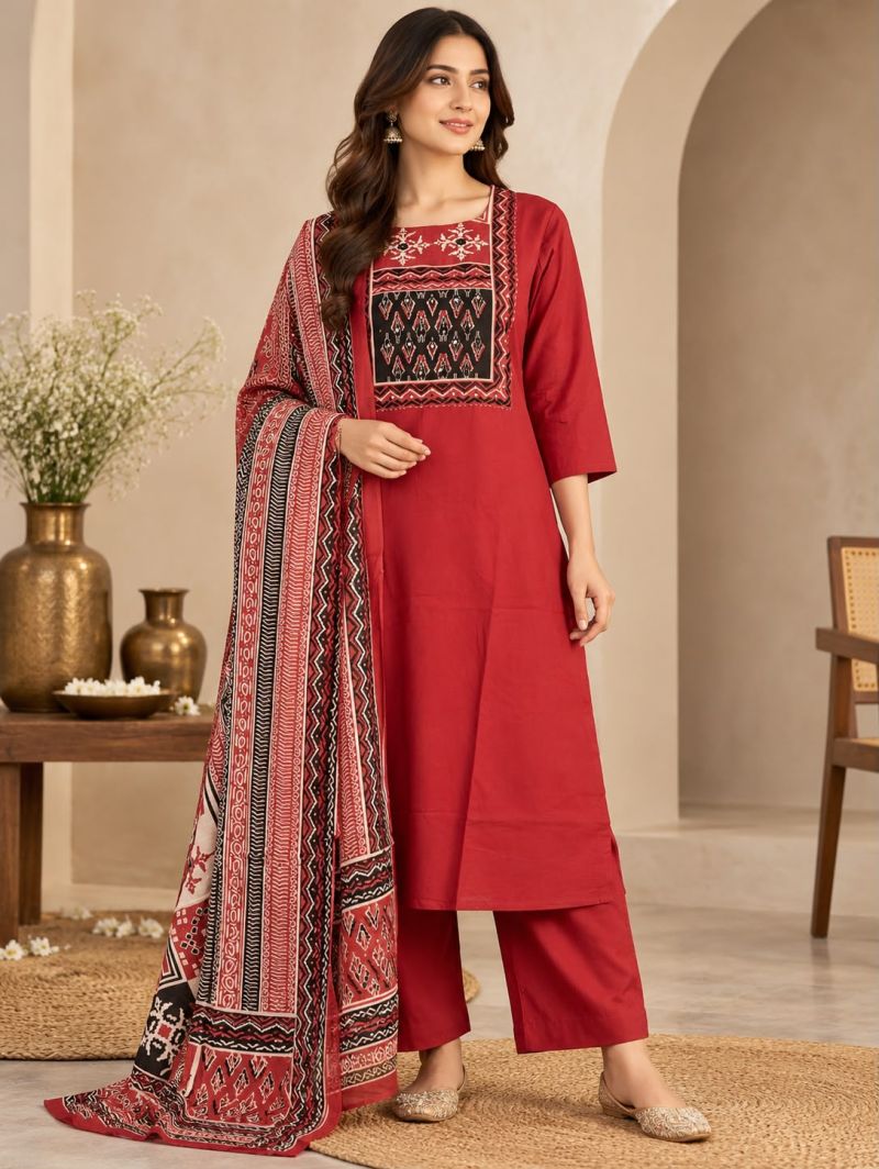 Naisha K 1444 Dhabu Cotton Printed Fancy Kurti With Bottom Dupatta Collection