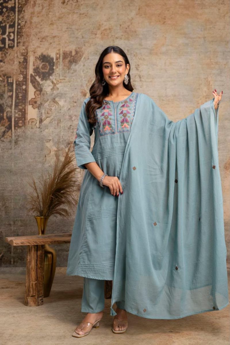 Naisha K 1445 Silly Cotton Embroidered Kurti With Bottom Dupatta Collection — Wholesale Kurtis, Vardan Ethnic wholesale from Surat — Photo 5