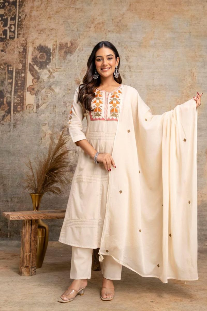 Naisha K 1445 Silly Cotton Embroidered Kurti With Bottom Dupatta Collection — Wholesale Kurtis, Vardan Ethnic wholesale from Surat — Photo 2