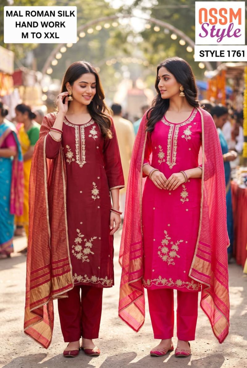 Ossm Style 1761 And 1762 Mal Roman Silk Hand Work Kurti With Bottom Dupatta Catalog — Wholesale Kurtis, Ossm wholesale from Surat — Photo 3