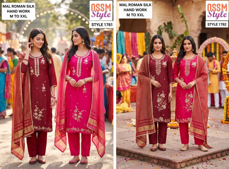 Ossm Style 1761 And 1762 Mal Roman Silk Hand Work Kurti With Bottom Dupatta Catalog — Wholesale Kurtis, Ossm wholesale from Surat — Photo 2