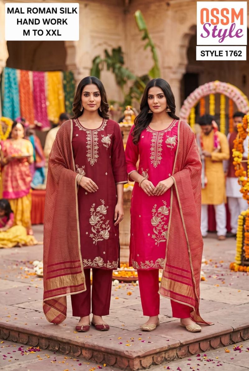 Ossm Style 1761 And 1762 Mal Roman Silk Hand Work Kurti With Bottom Dupatta Catalog