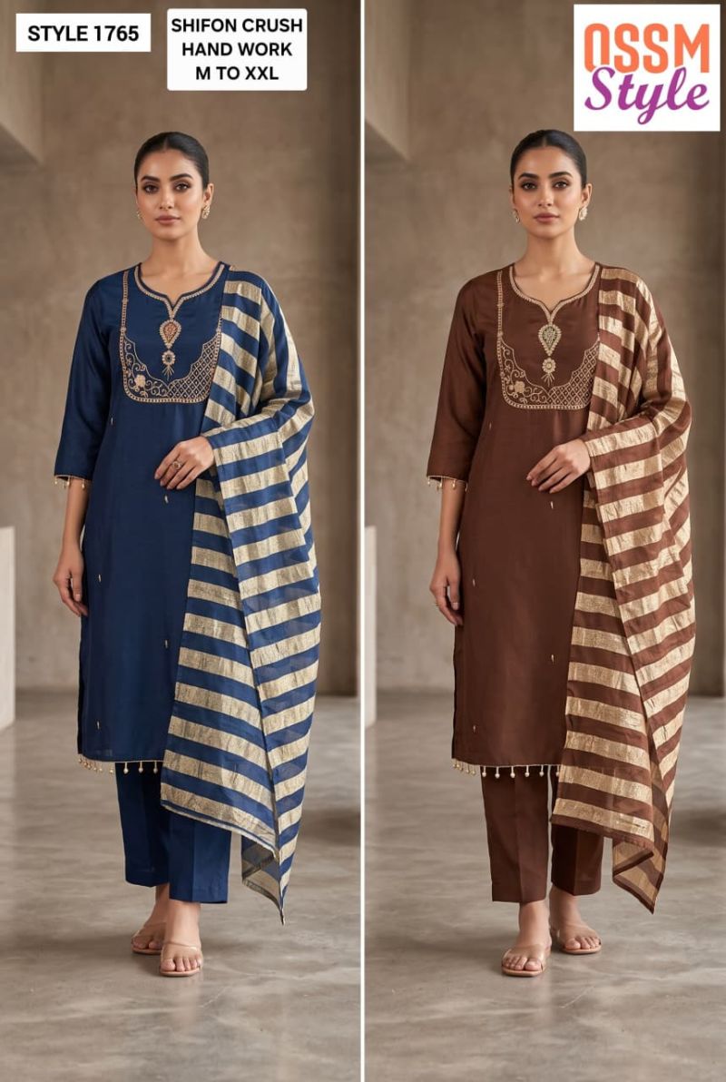 Ossm Style 1764 And 1765 Chiffon Crush Hand Work Kurti With Bottom Dupatta Catalog