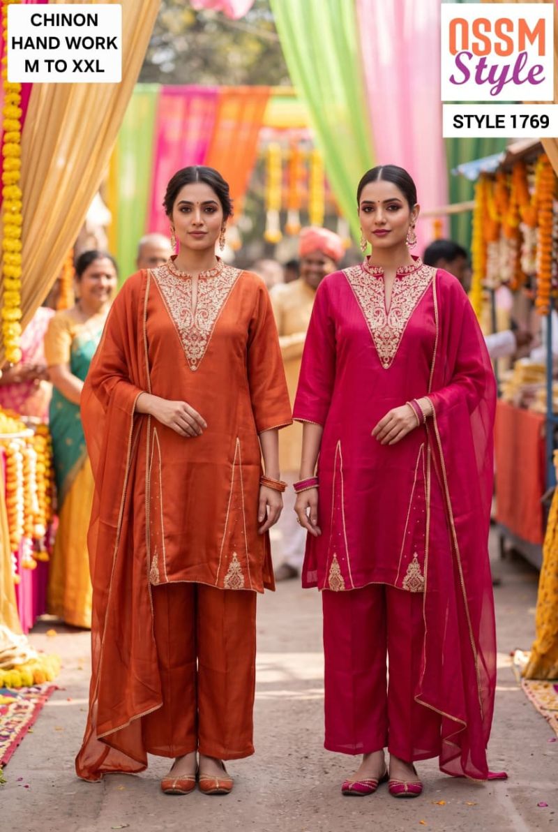 Ossm Style 1769 Chinon Hand Work Kurti With Bottom Dupatta Catalog