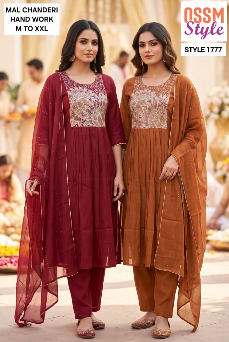 Ossm Style 1776 And 1777 Mal Chanderi Hand Work Kurti With Bottom Dupatta Catalog — Wholesale Kurtis, Ossm wholesale from Surat — view 3