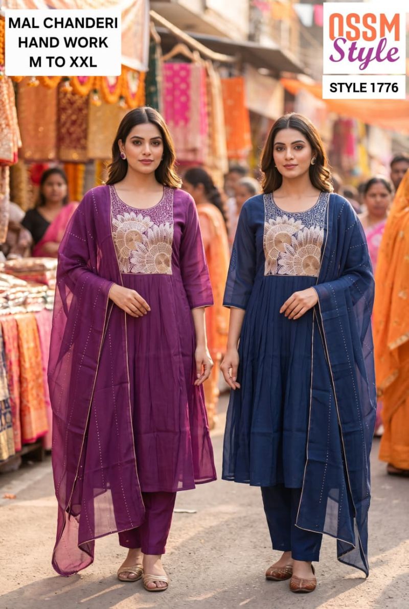 Ossm Style 1776 And 1777 Mal Chanderi Hand Work Kurti With Bottom Dupatta Catalog
