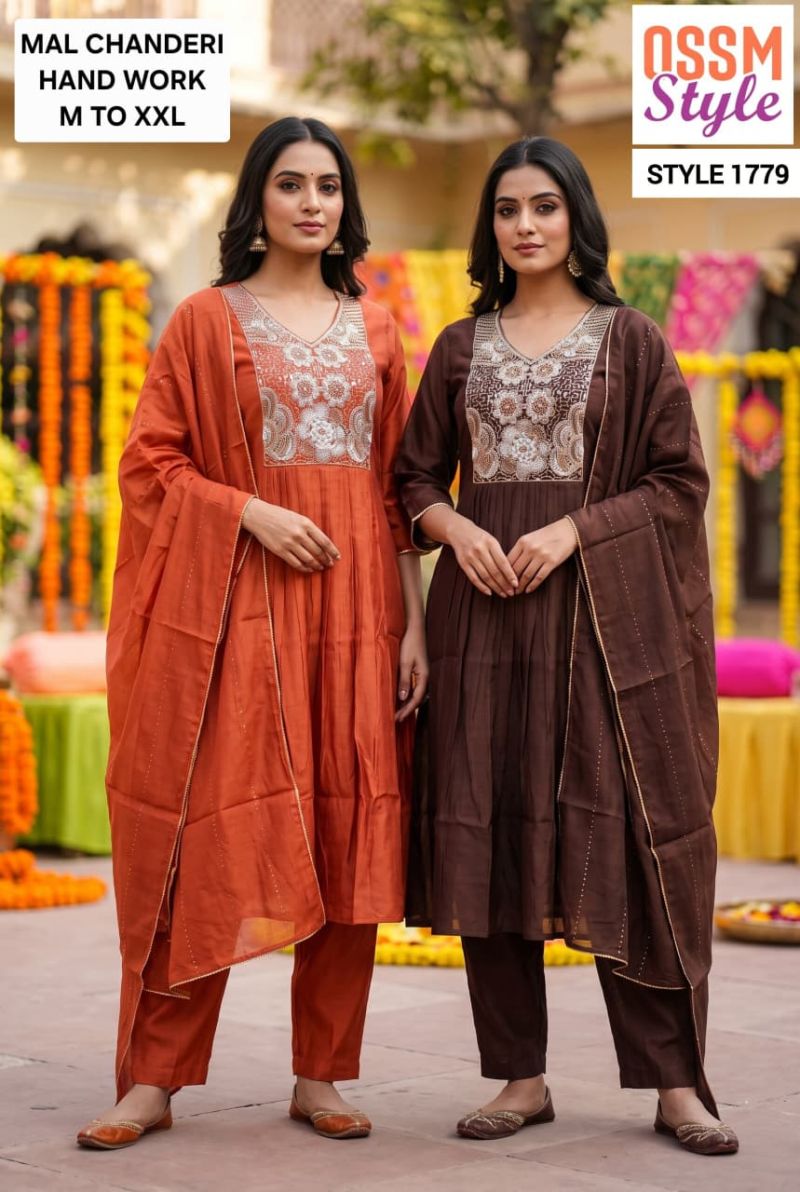 Ossm Style 1778 And 1779 Mal Chanderi Hand Work Kurti With Bottom Dupatta Catalog — Wholesale Kurtis, Ossm wholesale from Surat — view 3
