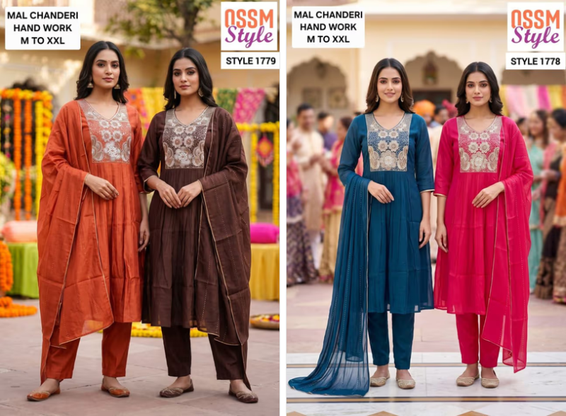 Ossm Style 1778 And 1779 Mal Chanderi Hand Work Kurti With Bottom Dupatta Catalog — Wholesale Kurtis, Ossm wholesale from Surat — view 2