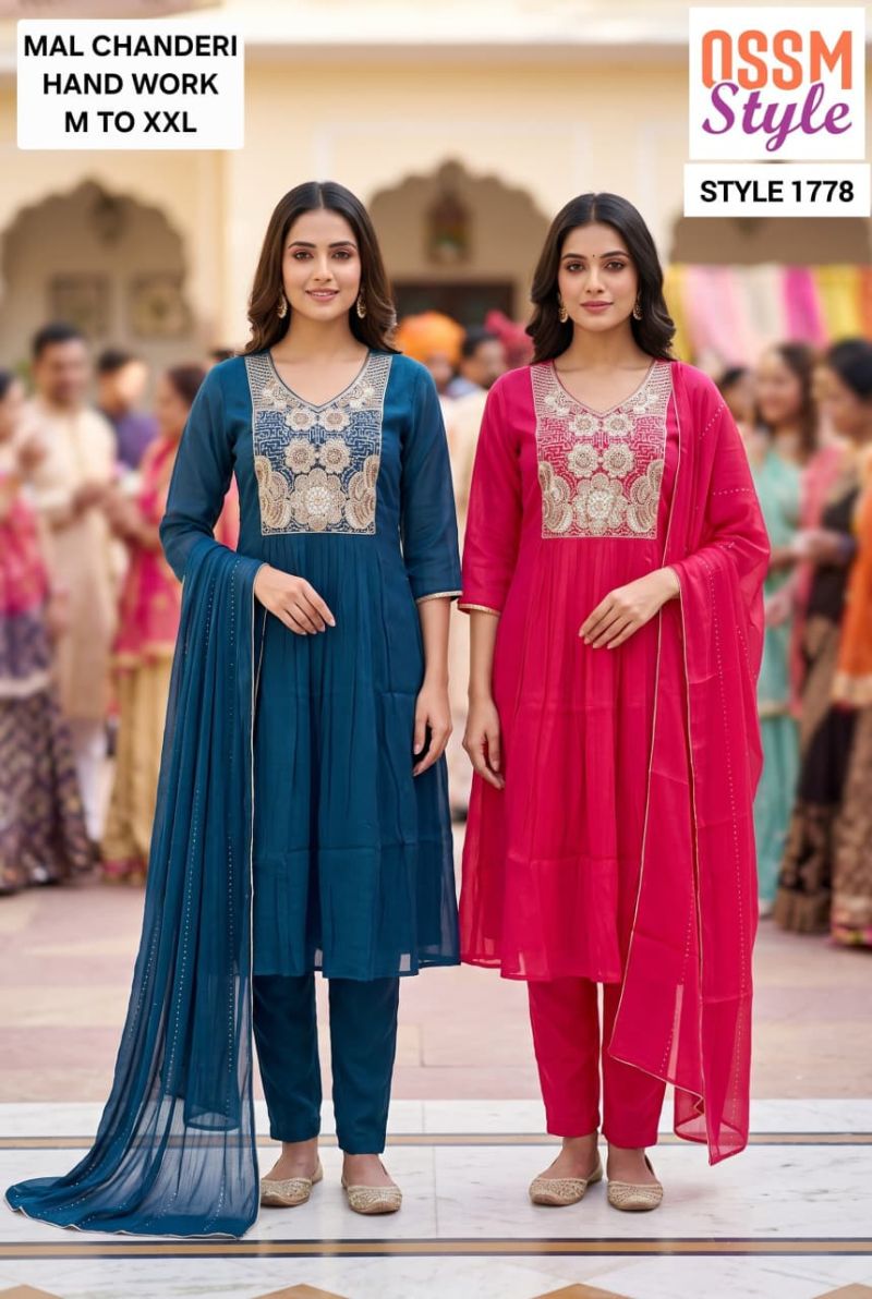 Ossm Style 1778 And 1779 Mal Chanderi Hand Work Kurti With Bottom Dupatta Catalog