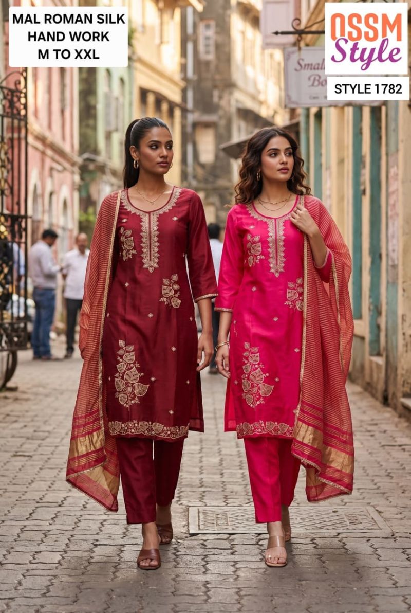 Ossm Style 1782 Mal Roman Silk Hand Work Kurti With Bottom Dupatta Catalog