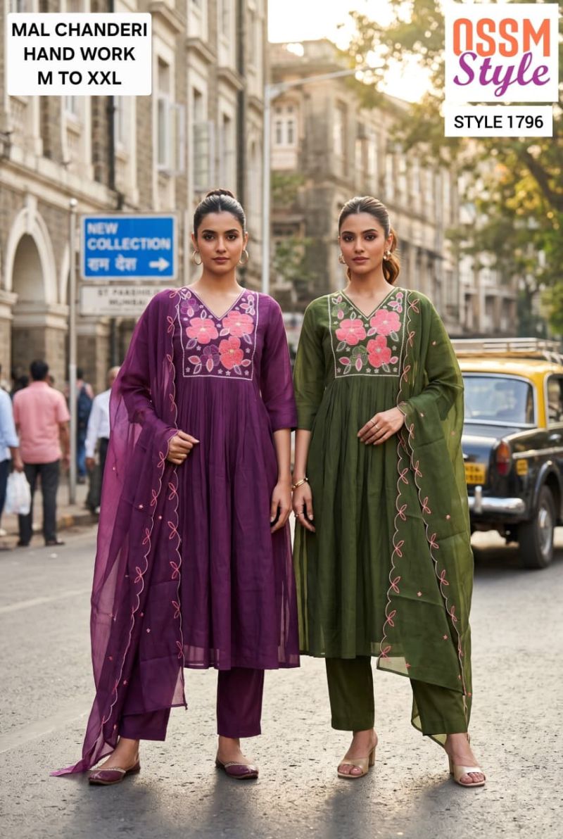 Ossm Style 1791 And 1796 Mal Chanderi Hand Work Kurti With Bottom Dupatta Catalog — Wholesale Kurtis, Ossm wholesale from Surat — view 2