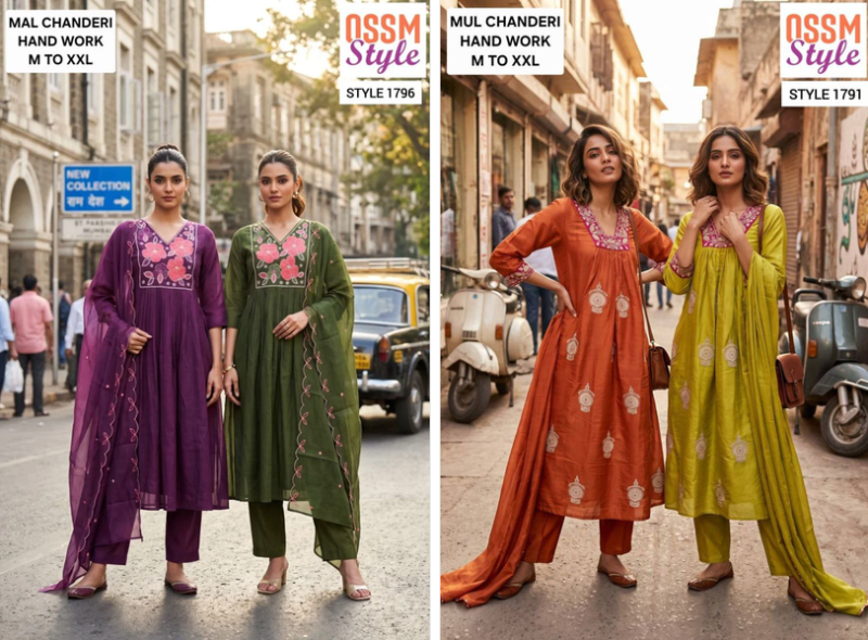 Ossm Style 1791 And 1796 Mal Chanderi Hand Work Kurti With Bottom Dupatta Catalog — Wholesale Kurtis, Ossm wholesale from Surat — view 3