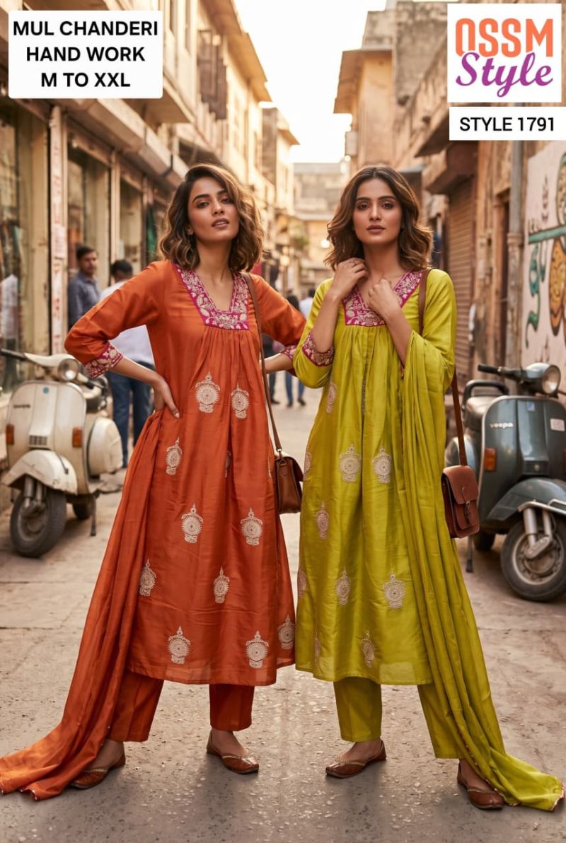 Ossm Style 1791 And 1796 Mal Chanderi Hand Work Kurti With Bottom Dupatta Catalog