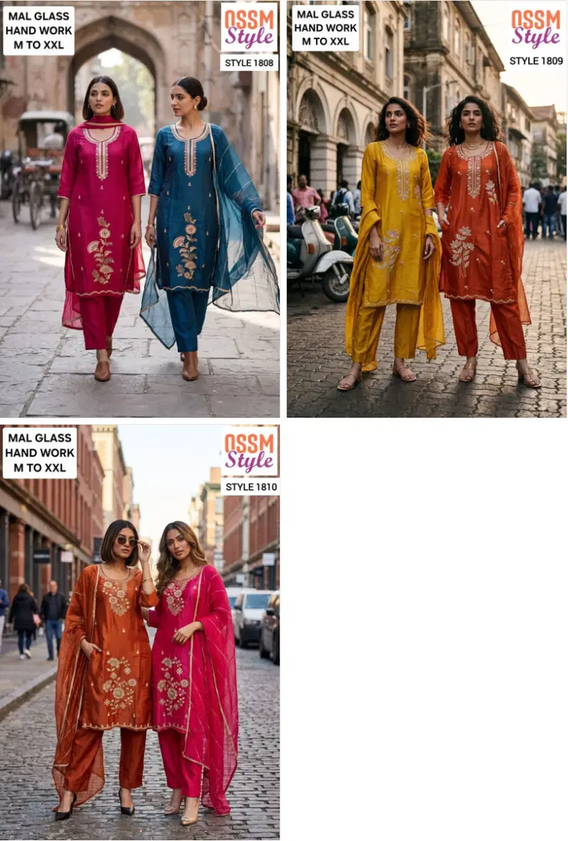 Ossm Style 1808 To 1810 Mal Glass Hand Work Kurti With Bottom Dupatta Catalog — Wholesale Kurtis, Ossm wholesale from Surat — Photo 4