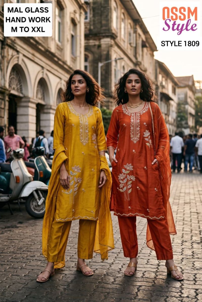 Ossm Style 1808 To 1810 Mal Glass Hand Work Kurti With Bottom Dupatta Catalog — Wholesale Kurtis, Ossm wholesale from Surat — Photo 2