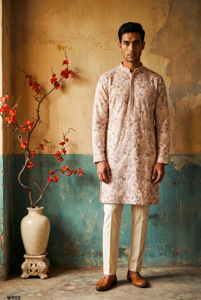 Outluk Wedding 60 Man Wear Silk Embroidery Designer Kurta With Bottom Collection — Men's Wear, Outluk wholesale from Surat — Photo 5