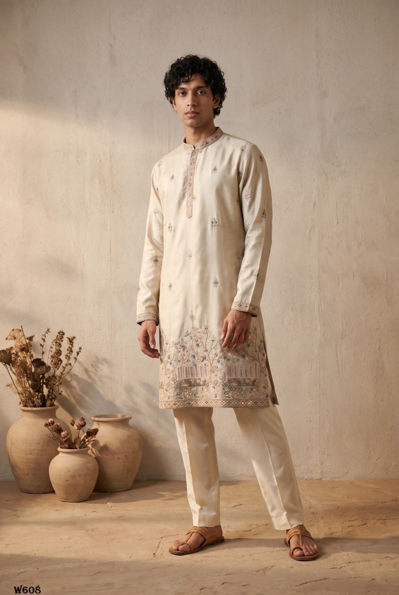 Outluk Wedding 60 Man Wear Silk Embroidery Designer Kurta With Bottom Collection — Men's Wear, Outluk wholesale from Surat — Photo 11