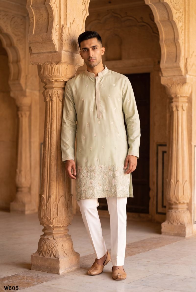 Outluk Wedding 60 Man Wear Silk Embroidery Designer Kurta With Bottom Collection — Men's Wear, Outluk wholesale from Surat — Photo 3
