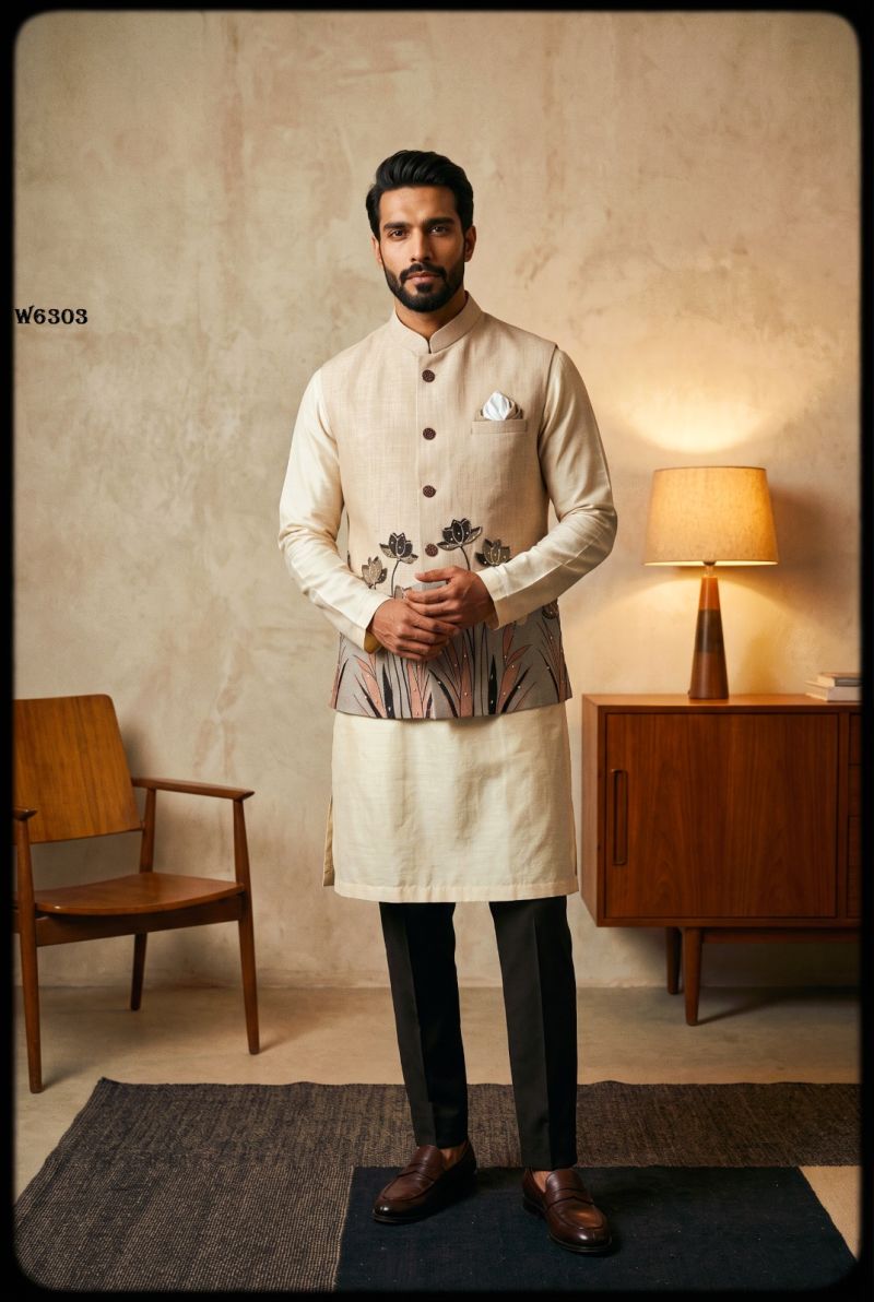 Outluk Wedding 63 Linen Digital Print Hand Work Designer Modi Jacket Catalog — Men's Wear, Outluk wholesale from Surat — Photo 4