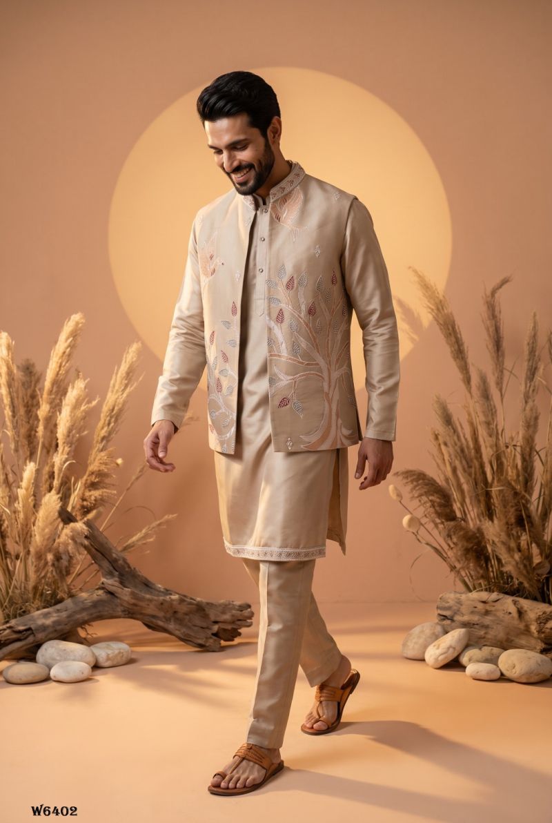 Outluk Wedding 64 Linen Embroidered Kurta With Jacket Pajama Catalog — Men's Wear, Outluk wholesale from Surat — view 6
