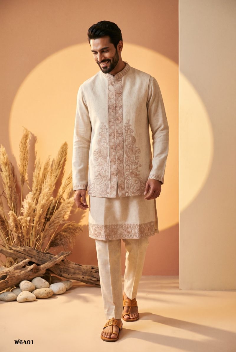 Outluk Wedding 64 Linen Embroidered Kurta With Jacket Pajama Catalog — Men's Wear, Outluk wholesale from Surat — view 4