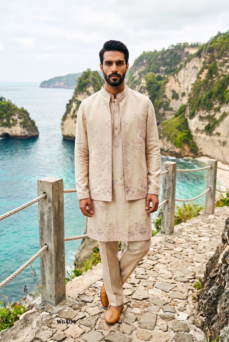 Outluk Wedding 64 Linen Embroidered Kurta With Jacket Pajama Catalog — Men's Wear, Outluk wholesale from Surat — view 3