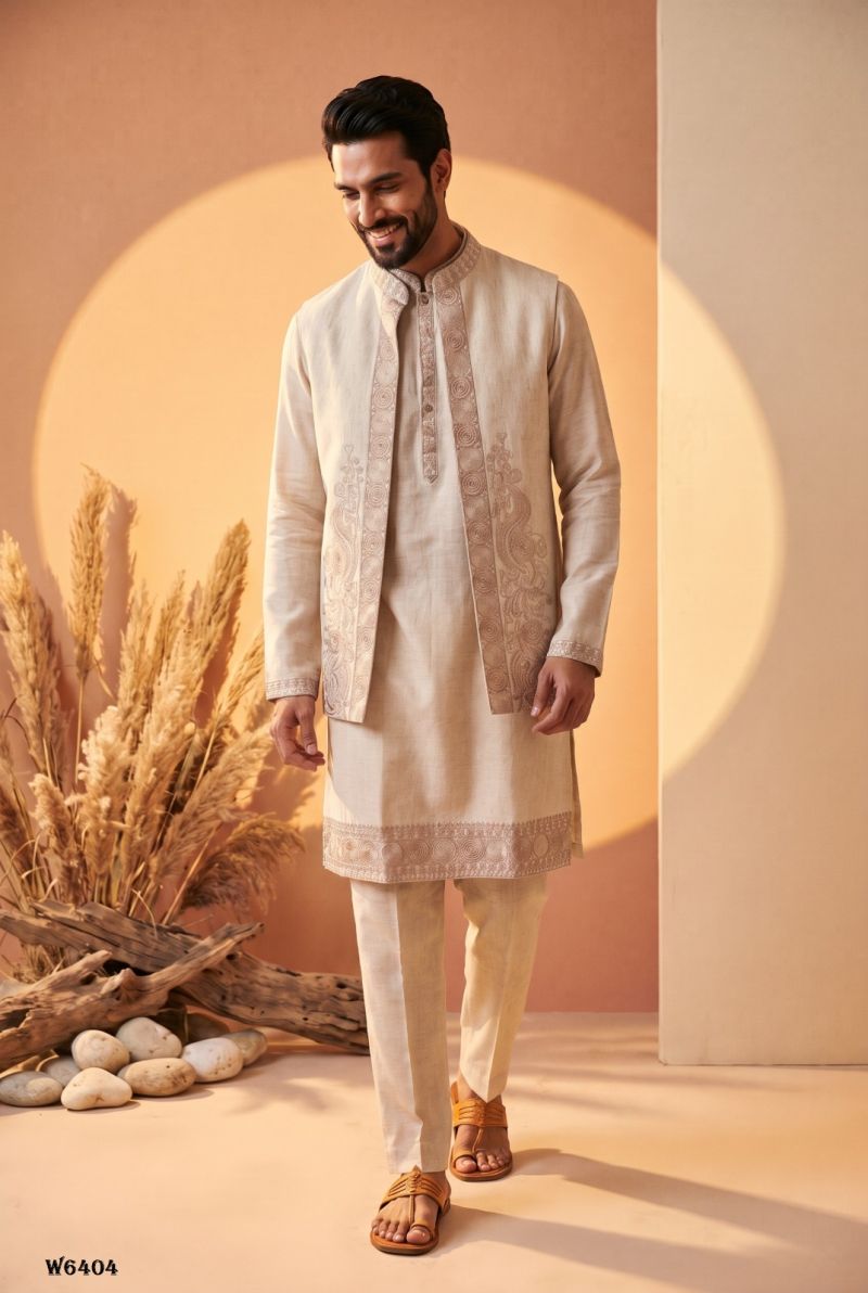 Outluk Wedding 64 Linen Embroidered Kurta With Jacket Pajama Catalog — Men's Wear, Outluk wholesale from Surat — view 2