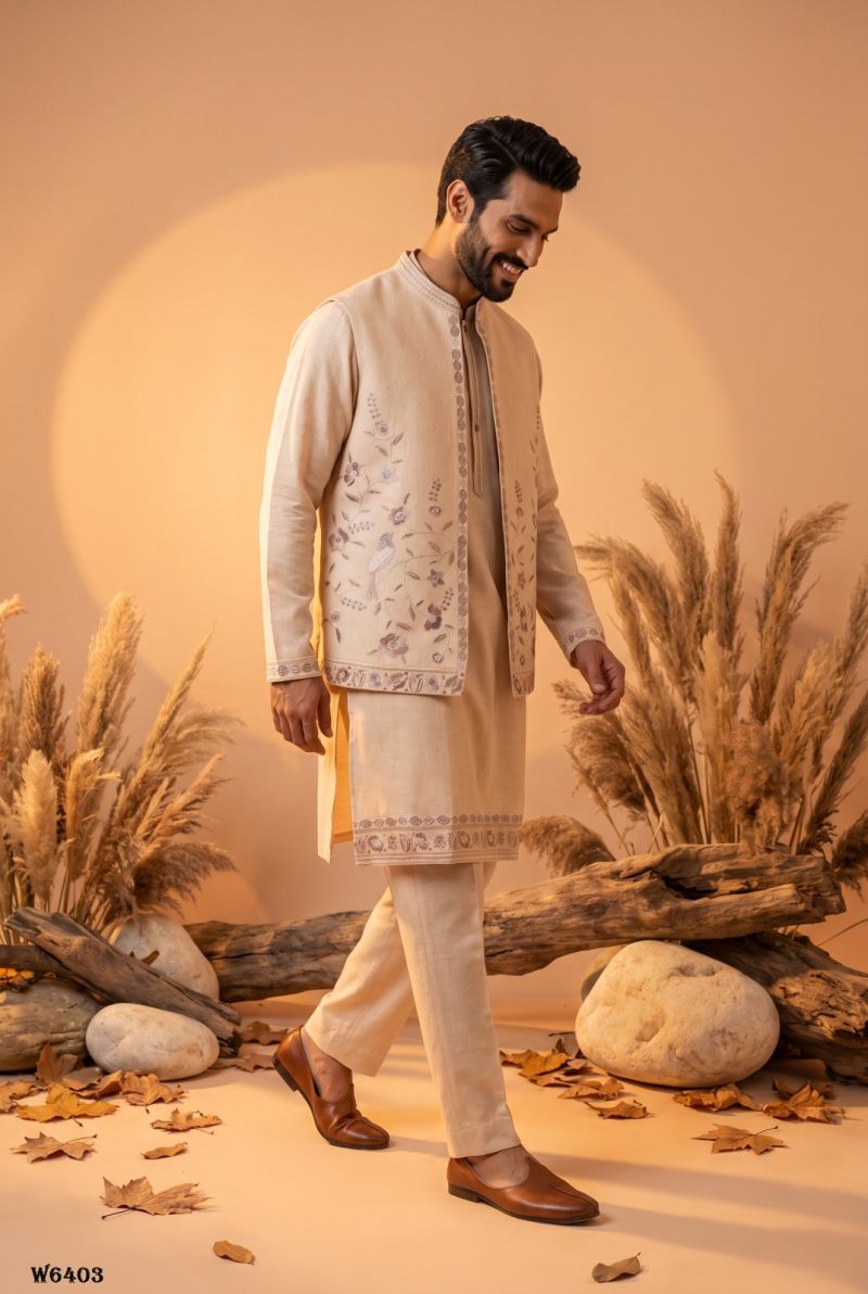 Outluk Wedding 64 Linen Embroidered Kurta With Jacket Pajama Catalog — Men's Wear, Outluk wholesale from Surat — view 9