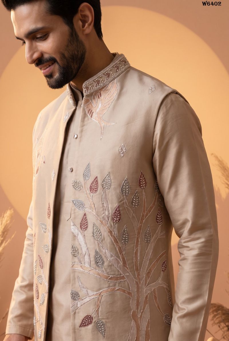 Outluk Wedding 64 Linen Embroidered Kurta With Jacket Pajama Catalog — Men's Wear, Outluk wholesale from Surat — view 8