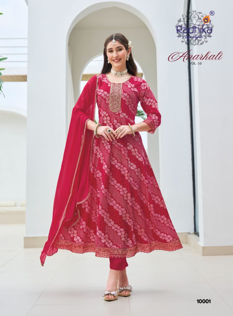 Radhika Anarkali Vol 10 Rayon With Foil Printed Kurti With Bottom Dupatta Catalog